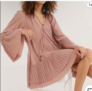 Pleated Pink Bell Sleeve Dress Free People Cant Help It Mini Dress Medium Duaty